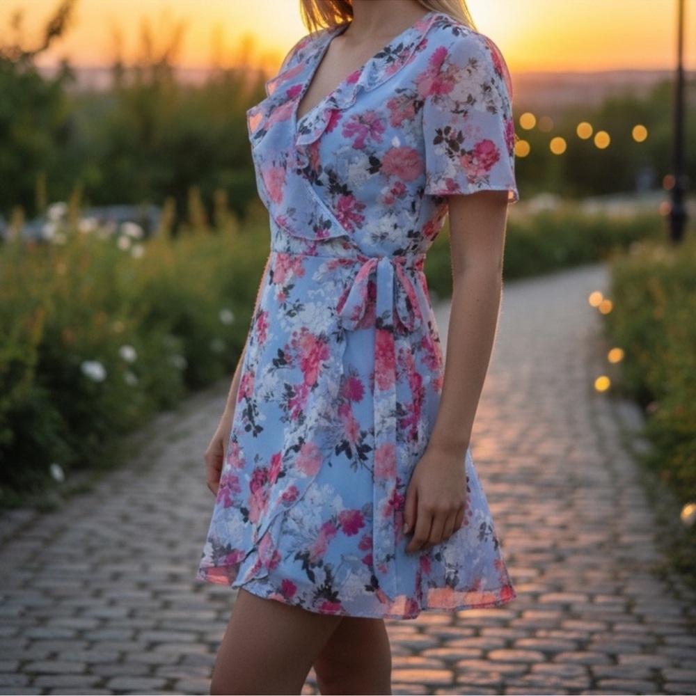 Speechless Floral Wrap Mini Sun Dress in Blue and Pink